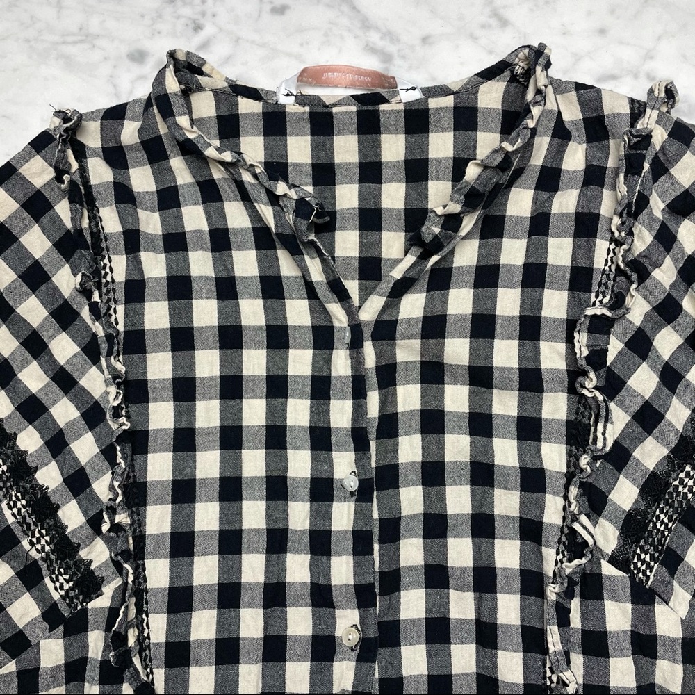 Zara Check Print Ruffle Long Sleeve Button Down - Picture 3 of 7